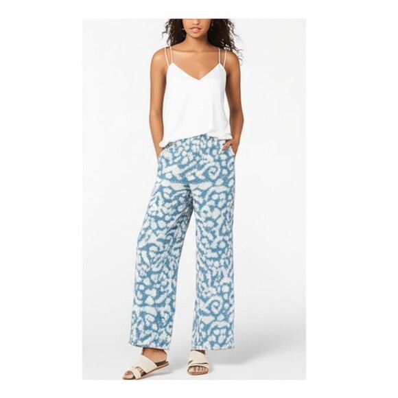 Zara Blue White Ikat Print Lounge Pants Medium Elastic Waist Boho Resortwear - Picture 1 of 8